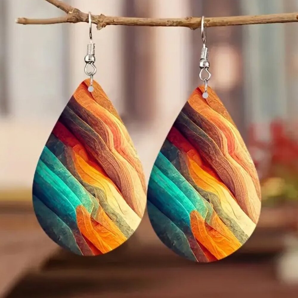 NEW Abstract Art Waves Wood Wooden Dangle Earrings